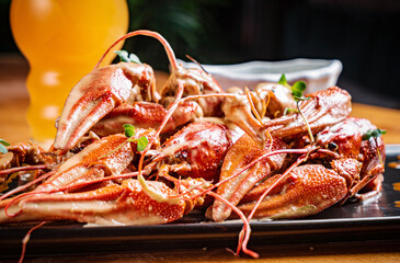 Crayfish. Red boiled crawfishes on table in rustic style