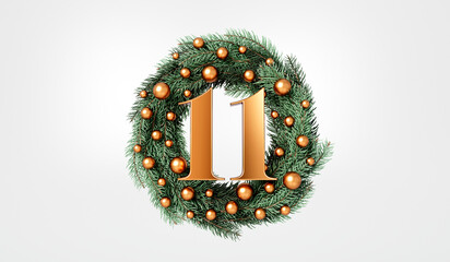 The 12 days of christmas. 11th day festive wreath and text. 3D Rendering
