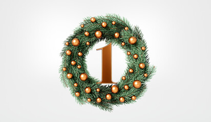 The 12 days of christmas. 1st day festive wreath and text. 3D Rendering - obrazy, fototapety, plakaty