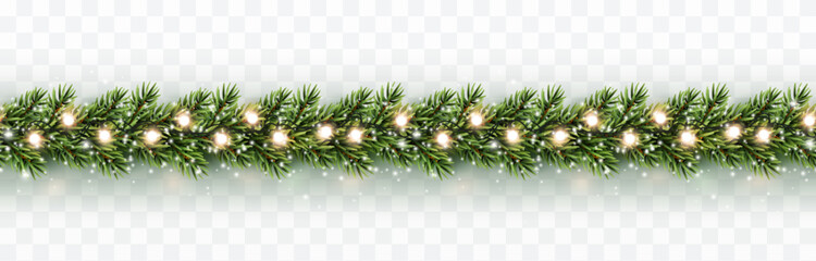 Border with green fir branches, snowflakes and lights isolated on transparent background. Pine, xmas evergreen plants banner. Vector Christmas tree and garland decoration template