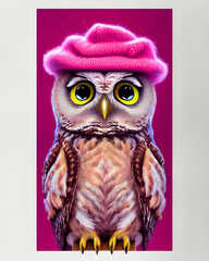 cute little owl with a knitted hat wearing, christmas atmosphere, new year postcard