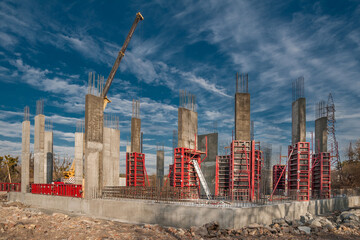 Vertical formwork panels on the construction of a residential building.