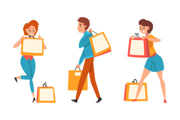 Happy Man and Woman Character Doing Shopping Carrying Bags with Purchase Vector Set