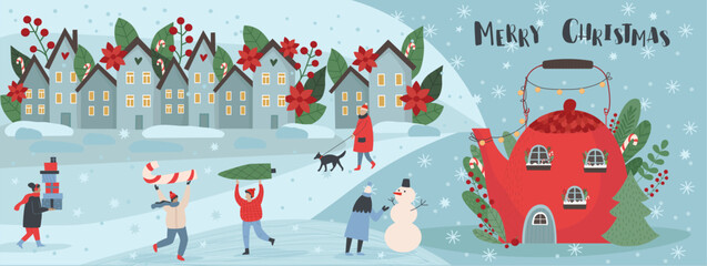 Christmas and Happy New Year illustrations wth people, christmas tre, cute houses and flowers. Trendy style. Vector design banner.