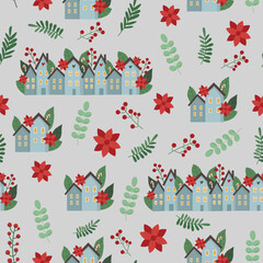 Hand drawn seamless vector pattern with flowers poinsettia and cute house on grey background. Winter background. Used for wallpaper, pattern fills, web page background,surface textures.