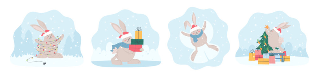 Set of winter holidays illustrations with cute rabbit in Santa Claus hat. Christmas activities illustration. Year of the Rabbit. Vector illustration