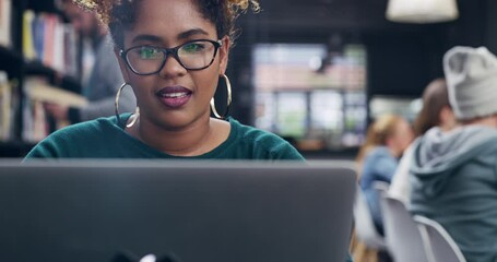 Student, laptop research and study in university library for education and reading online information, learning and study. Black woman, scholarship and studying in college, school or academy campus - Powered by Adobe