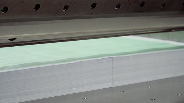 Worker cutting paper using paper cutting machine in a printing house close up. 4K resolution video