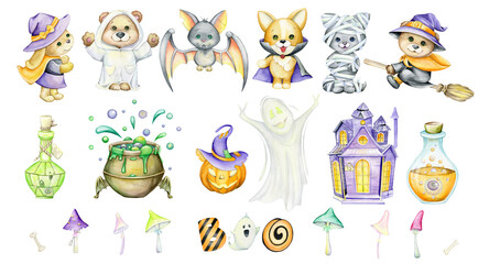 Watercolor set, elements and animals in costumes for the Halloween holiday. Cute animals in cartoon style, on an isolated background.