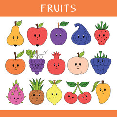 Set of cute cartoon fruits and berries for kids. Vector collection
