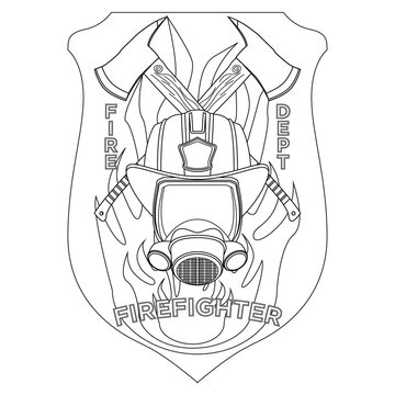 Firefighter insignia coloring page. Firefighter mask, helmet and axes behind on shield badge. Colorful PNG illustration.
