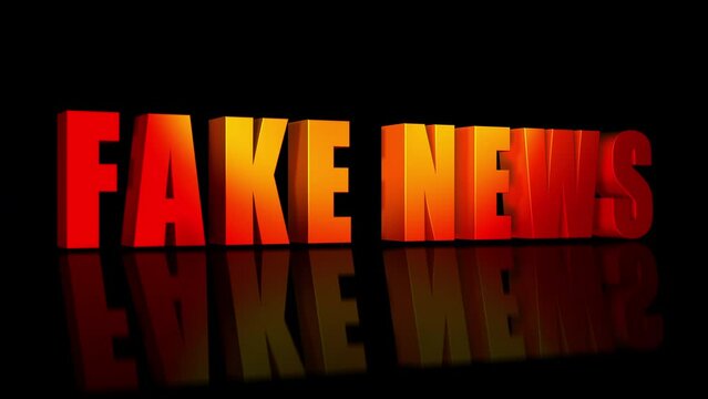 Animation of fake news text appearing from a flame and heat wave on reflective surface.motion graphic with 3d letters.fake news concept