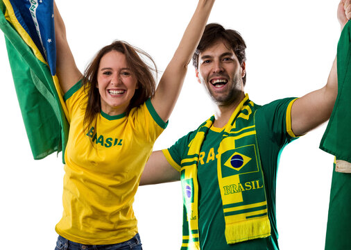 Brazilian couple Celebrating and cheering for Brazil