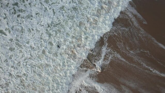 Aerial view from drone in Bidart France of impressive descent of the ocean on two surfers and a rock and waves that shape the coastal landscape on the two people who discuss feet in the water