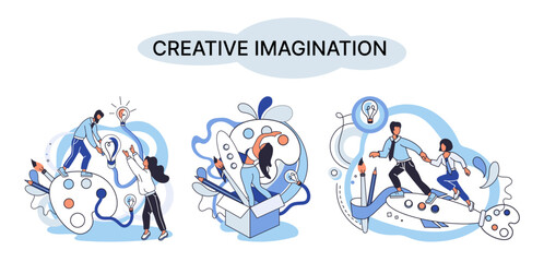 Fototapeta na wymiar Creative mind, imagination or brainstorm or originative idea concept. Creative imagination. Phantasy space and creativity. Phantasy flow and creativity metaphor, fantasies in mind. Vision development