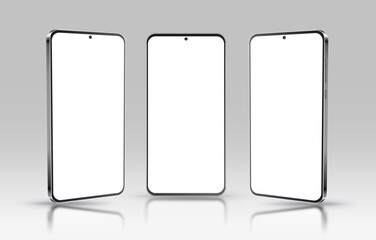 Realistic 3d vector smartphone. Smart phone with shiny white screen isolated on light background. Front, right and left perspective view of mobile phone.