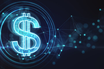 Financial technology concept with digital blue dollar icon on abstract dark background with blurry dots. 3D rendering - obrazy, fototapety, plakaty