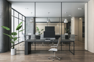Stylish wooden, concrete and glass coworking office interior with furniture, equipment, window and city view. Law, legal and commercial workplace concept. 3D Rendering.