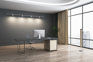 Contemporary bright office interior with equipment, wooden flooring, furniture, decorative plant and window with curtain and city view. 3D Rendering.
