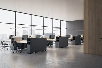 New coworking office interior with equipment, furniture and panoramic window with city view. 3D Rendering.