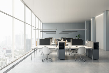 Fototapeta premium Luxury coworking office interior with equipment, furniture and panoramic window with city view. 3D Rendering.