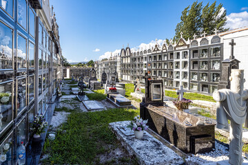 Various niche blocks in the rural cemetery of the town of Carnota, Galicia, Spain