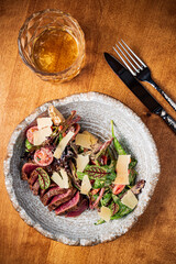 steak with salad, top view