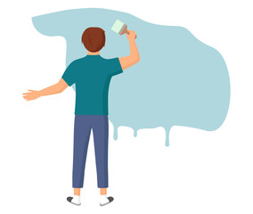 Painter man painting house wall with brush. Worker guy using paint roller and paint cans. Decorator job, interior renovation service. Man makes repairs in new family home, doing manual labor