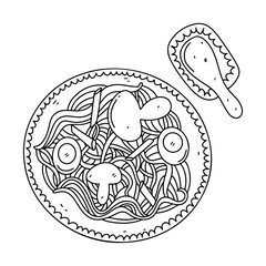 Asian food. Ramen noodles in hand drawn doodle style. Spicy national dish of asia. Vector isolated on a white.