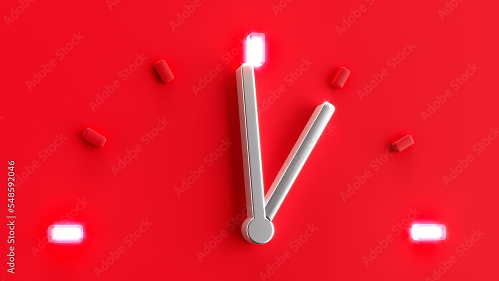 Poster 3d rendering of a red clock time 1 o clock pm am silver needle backlit dial light.