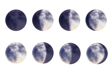 Set of watercolor 8 moon phases. Hand drawn illustration isolated on white background