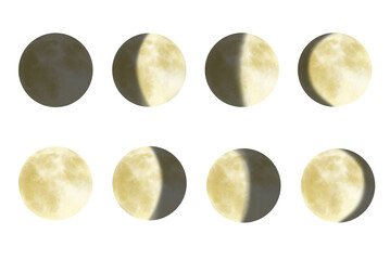 Set of watercolor 8 moon phases. Hand drawn illustration isolated on white background