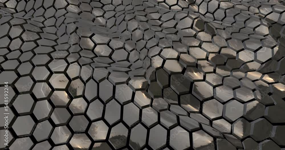 Poster looped abstract mesh of waves of metallic dark hexagons with reflections. abstract background. scree