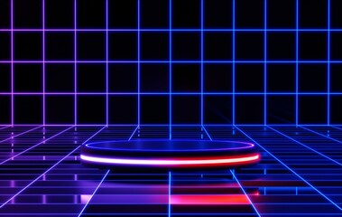 Obraz premium Podium backgrounds stage platform with glowing neon for product presentation and mock up. Minimal scene backdrop with clean design. Vacant pedestal for mock up. Empty stage for cosmetic. 3D render.