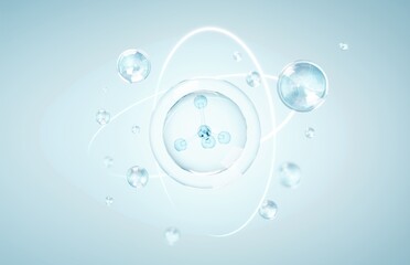 Cosmetics Essence molecule, collagen, Vitamin or Serum drop water for moisturizer. Liquid molecule chemical structure on water background. Cosmetics power treatment. Natural product. 3d rendering.