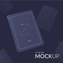 Realistic mockups of purple cards floating in the air on a black background