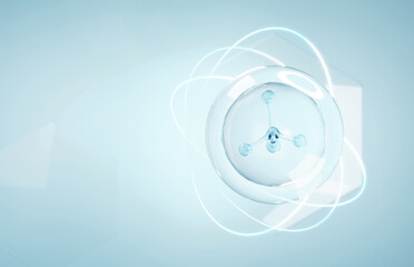 Cosmetics Essence molecule, collagen, Vitamin or Serum drop water for moisturizer. Liquid molecule chemical structure on water background. Cosmetics power treatment. Natural product. 3d rendering.