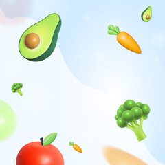Banner Vector 3d of Carrot, avocado, broccoli, apple Fresh vegetable