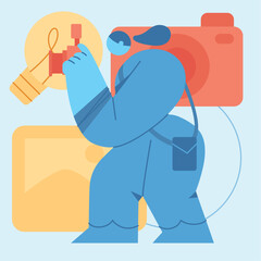 Blue cute photographer character flat design Profession Vector illustration