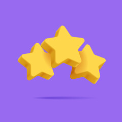 Three stars rank icon in cartoon 3d style on purple backdrop, Vector illustration volumetric yellow star