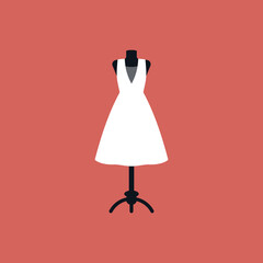 Wedding dress icon. Beautiful white dress on a hanger. Illustration of a sewing mannequin and a white dress.