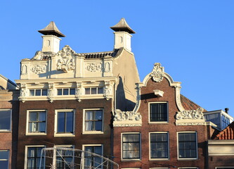 Amsterdam Geldersekade Canal Decorated House Facades Close Up, Netherlands