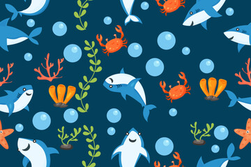 sharks pattern. cartoon shark, seaweed print. Sea wildlife, underwater world vector seamless texture	
