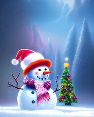 Obraz premium cute little snowman with a knitted hat, christmas atmosphere, new year postcard