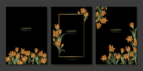 Set of luxury vintage poster with golden flowers. Shiny vanilla orchid blossom frame on black background. Gold floral template