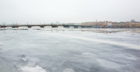 Saint-Petersburg, Russia. Winter cityscape with frozen Neva river