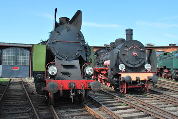 old steam locomotives standing in the locomotive depot