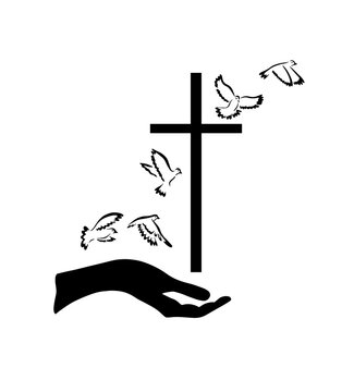religious cross in hand. Flying birds of the world. Vector illustration