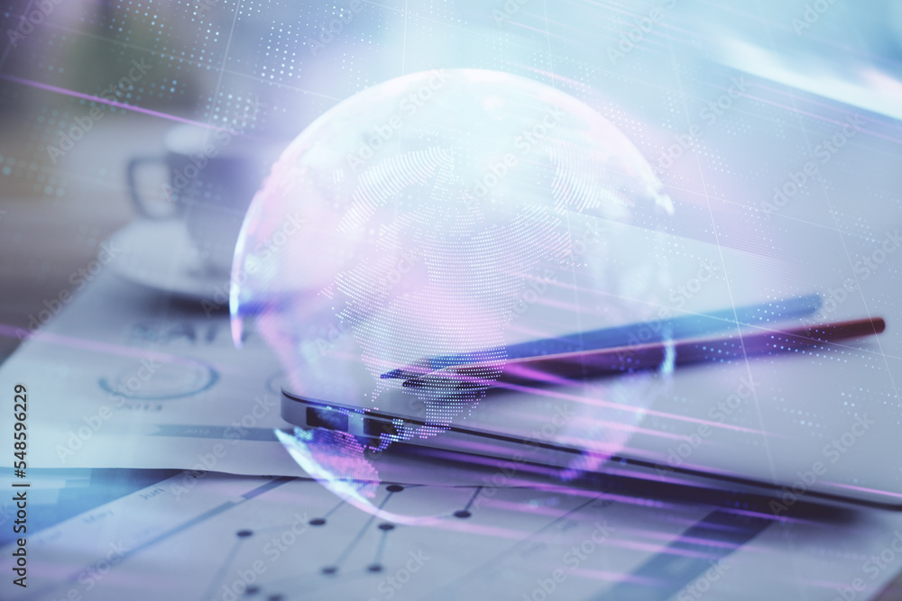 Poster Computer on desktop in office with technology theme hologram. Double exposure. Tech concept.