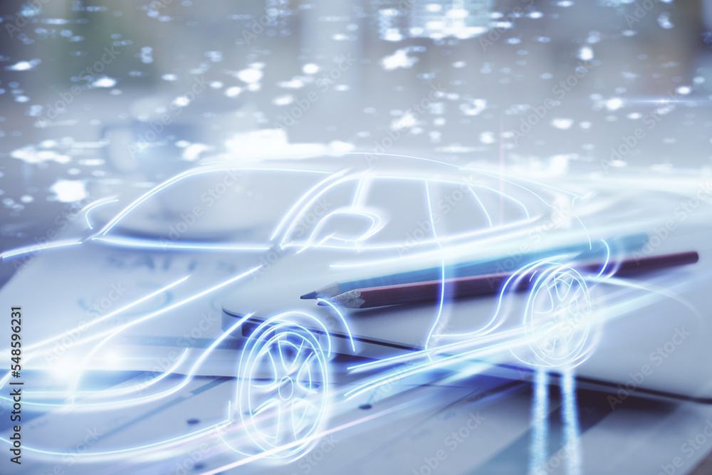 Poster Desktop computer background in office with automobile hologram drawing. Multi exposure. Tech concept.